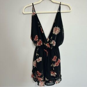 Tobi Black Pink Floral Deep V-Neck Sleeveless Flowy Romper Women’s Size Small